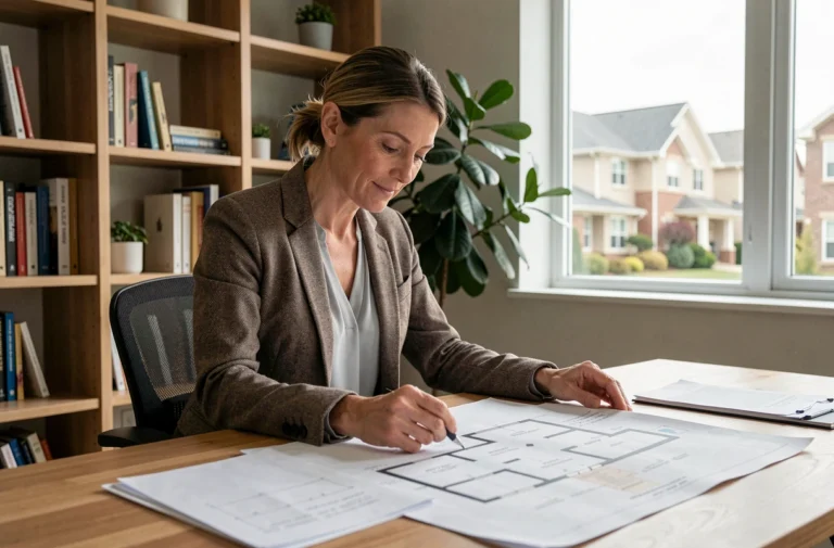 Femme consultant des plans immobiliers dans un bureau à domicile moderne pour préparer son projet immobilier