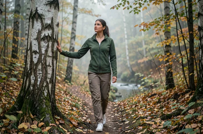 Jeune femme marchant seule dans une forêt en automne, symbolisant la reconnexion à soi et l'équilibre intérieur dans un parcours de développement personnel