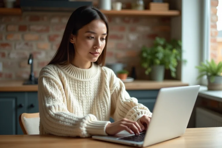 Femme cherchant un logement à louer sur une plateforme immobilière en ligne depuis son appartement