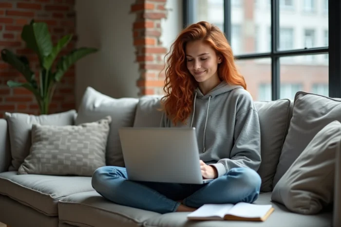 Jeune femme naviguant sur un ordinateur portable depuis son salon, prenant des notes sur des stratégies de sites alternatifs en 2026