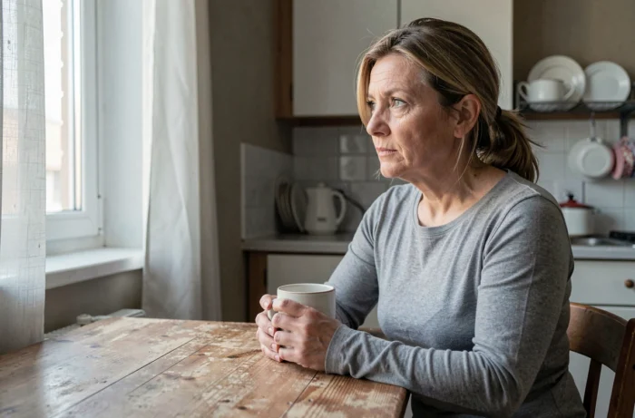 Femme seule en réflexion à son domicile, symbole de résilience face aux violences conjugales