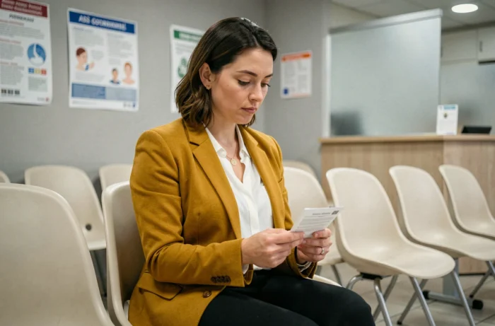 Femme en salle d'attente d'un laboratoire d'analyses médicales tenant une ordonnance en attendant sa prise de sang