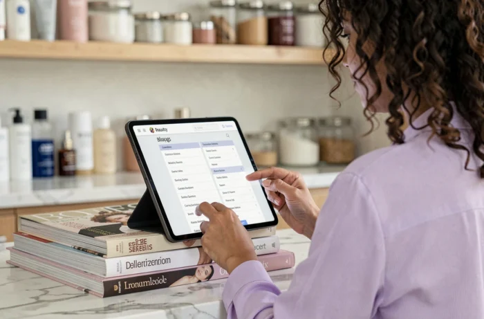 Femme aux cheveux bouclés consultant le sitemap d'un blog beauté sur une tablette posée sur un comptoir en marbre