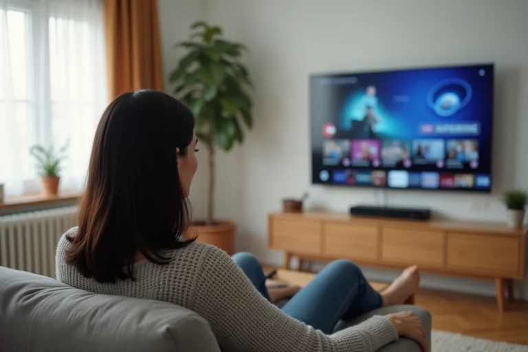 Femme naviguant sur une interface de streaming moderne depuis son salon avec une smart TV murale