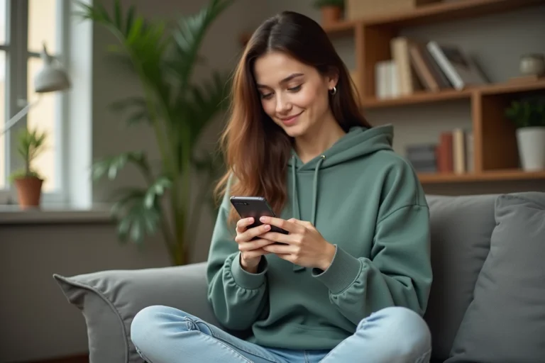 Jeune femme utilisant une application mobile sur son smartphone depuis son canapé, illustrant les astuces pour optimiser l'utilisation de Faljam sur mobile