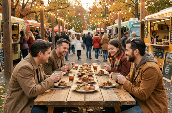 Groupe d'amis dégustant des petits plats lors d'un festival gastronomique en plein air autour d'une table conviviale