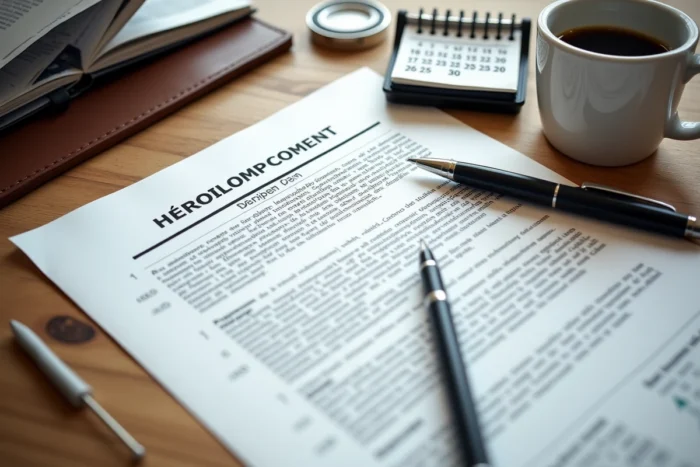 Overhead view of a desk with administrative documents for final settlement, pen, and calendar for retirement departure