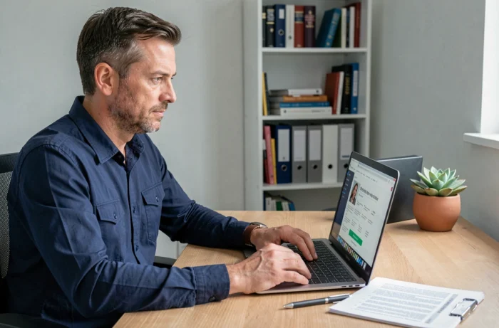 Un parent suivant une formation en ligne pour l'instruction en famille depuis son bureau à domicile
