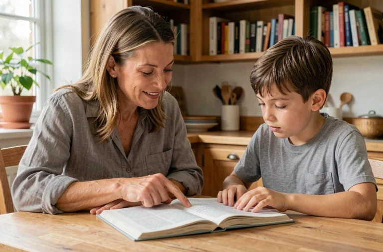 Une mère accompagnant son enfant dans l'apprentissage à domicile autour d'une table en bois avec des livres ouverts