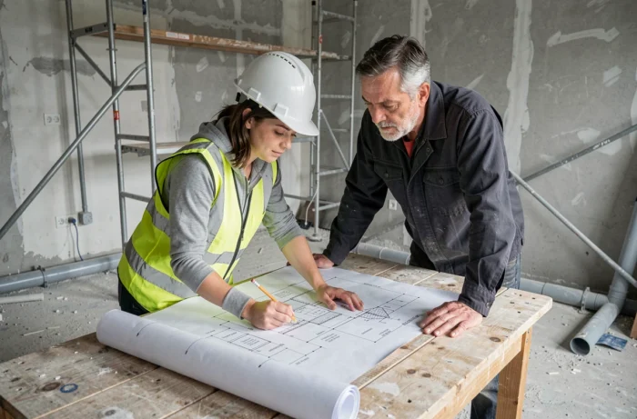Vrouw in een bouwopleiding die technische plannen analyseert met een trainer op een renovatieproject