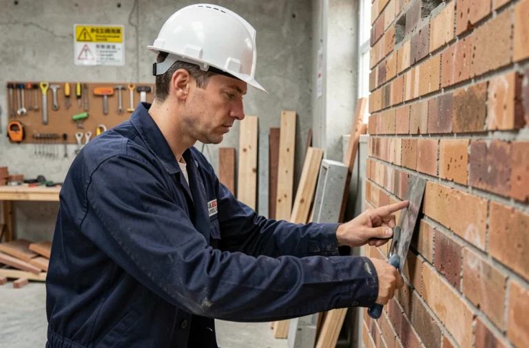 Stagiaire en formation maçonnerie pratiquant la pose de briques dans un atelier de formation professionnelle au bâtiment