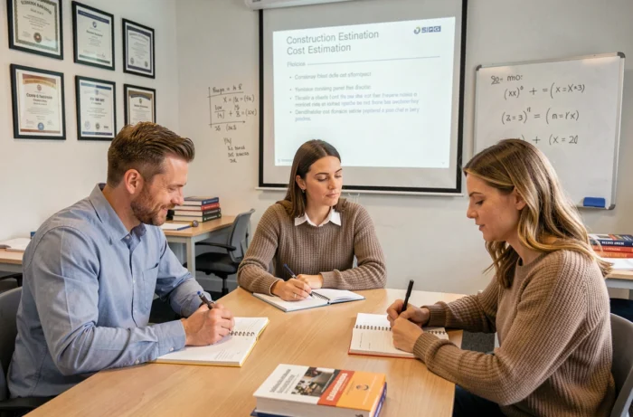 Groep volwassen stagiaires in een theoretische opleiding voor bouwberoepen in een professionele klaslokaal