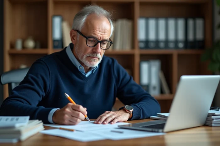 Homme remplissant un formulaire de réclamation pour abonnement magazine non reçu à son bureau