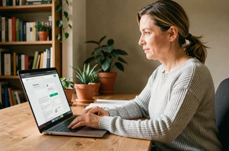 Femme gérant son compte Foncia en ligne depuis son bureau à domicile sur un ordinateur portable