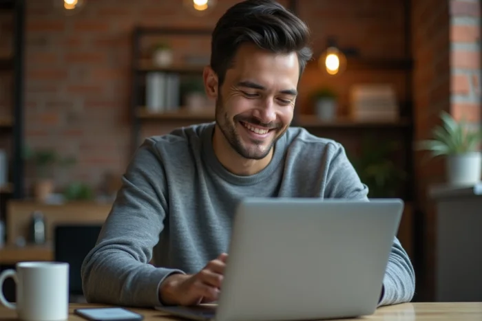 Homme gérant des demandes de contact via ordinateur portable et smartphone dans un espace de coworking