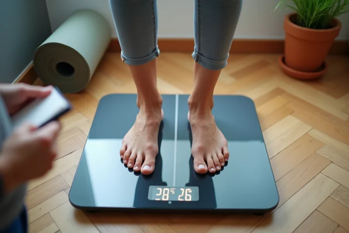 Gros plan de pieds de personne âgée sur une balance impédancemètre affichant les données de masse musculaire, avec carnet de suivi à la main