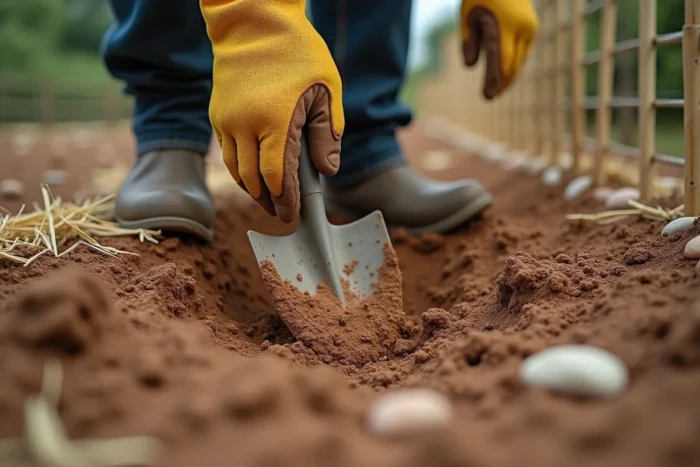 Gros plan de mains gantées enfonçant une bêche dans une terre argileuse très sèche et fissurée