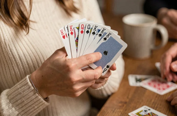 Gros plan sur des mains féminines tenant des cartes à jouer lors d'une partie de Kems, détail des cartes et du chandail en tricot