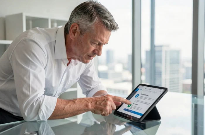 Professionnel suivant un guide d'installation d'Office sur une tablette dans un bureau en entreprise