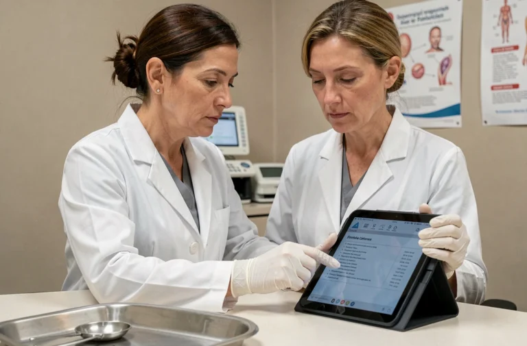 Gynécologue examinant un rapport de colposcopie pour le traitement des lésions malpighiennes intra-épithéliales de haut grade