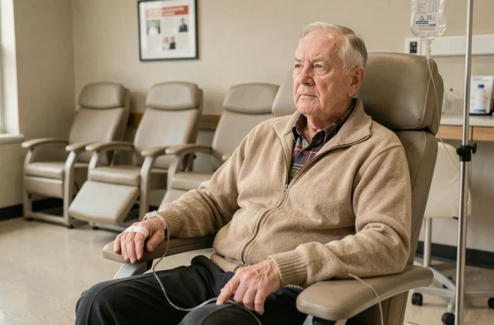 Homme âgé assis en clinique de jour lors d'une transfusion sanguine ambulatoire