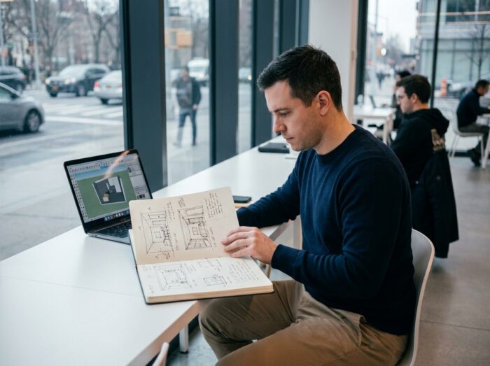 Homme architecte d'intérieur travaillant sur un carnet de croquis et un logiciel 3D dans un espace de coworking moderne