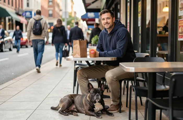 Man seated at a fast food terrace with his French bulldog lying at his feet