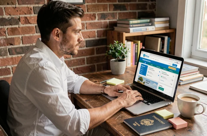 Homme comparant des offres d'assurance voyage sur ordinateur portable depuis son bureau à domicile