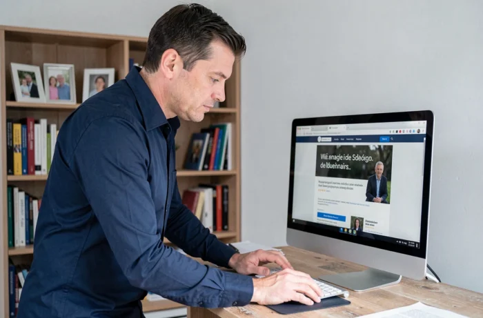 Homme consultant des annonces de décès sur Libra Memoria depuis un bureau à domicile avec un grand écran d'ordinateur