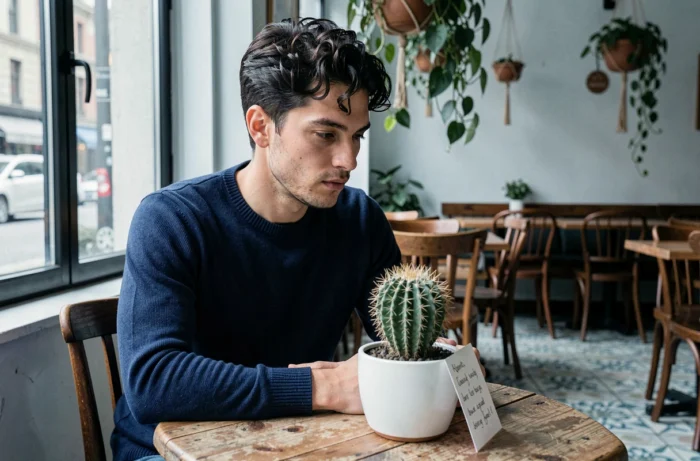 Homme contemplant un cactus en céramique blanche dans un café avec une carte manuscrite, symbole de message amoureux ambigu