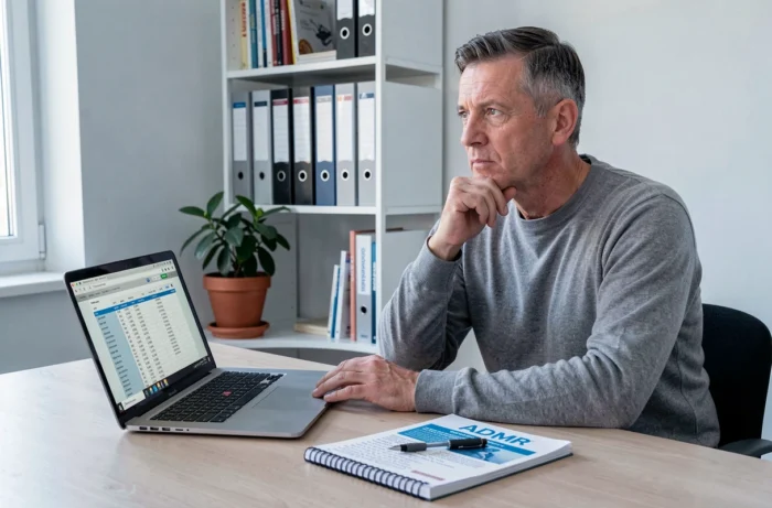 Homme calculant son budget aide à domicile ADMR 2026 sur ordinateur portable à son bureau