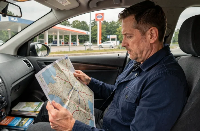 Homme consultant une carte routière de France assis dans une voiture lors d'un trajet sur l'autoroute