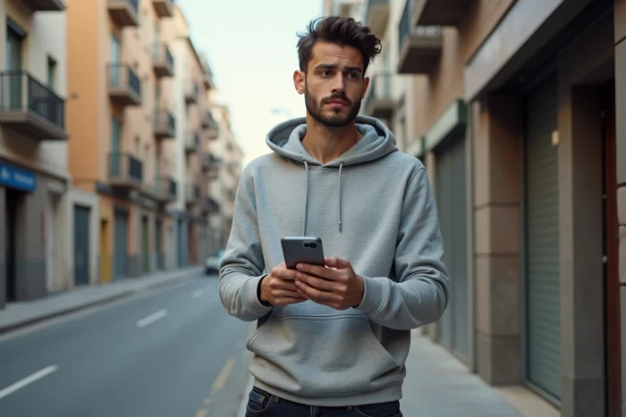 Homme consultant une annonce de location immobilière sur smartphone dans une rue urbaine