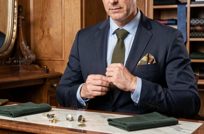 Homme en costume bleu marine ajustant sa cravate en maille olive avec une pochette géométrique assortie dans un dressing élégant