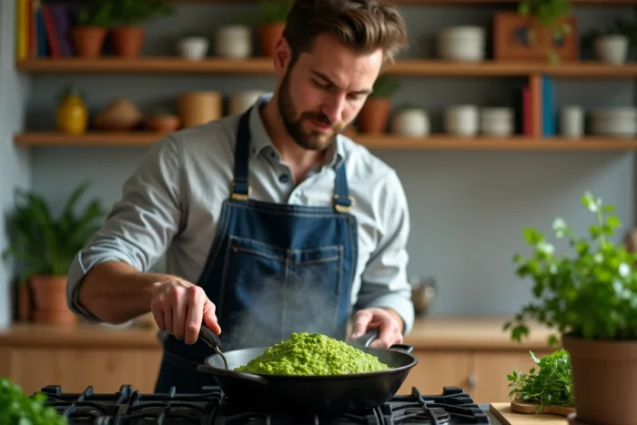 Jeune homme cuisinier préparant une sauce aux herbes maison dans une cuisine créative et chaleureuse