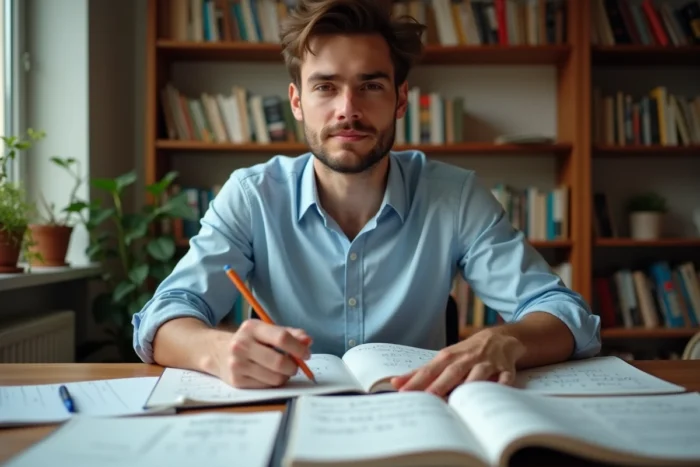 Jeune homme étudiant les identités trigonométriques cos a cos b et sin a sin b dans des manuels scolaires à son bureau à domicile