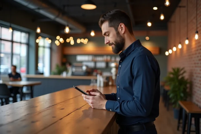Homme consultant l'application Faljam sur son téléphone dans un café moderne, démontrant une utilisation mobile optimale avec des astuces pratiques