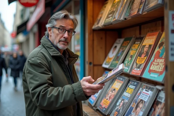 Homme parcourant des publications insolites dans un kiosque urbain parisien