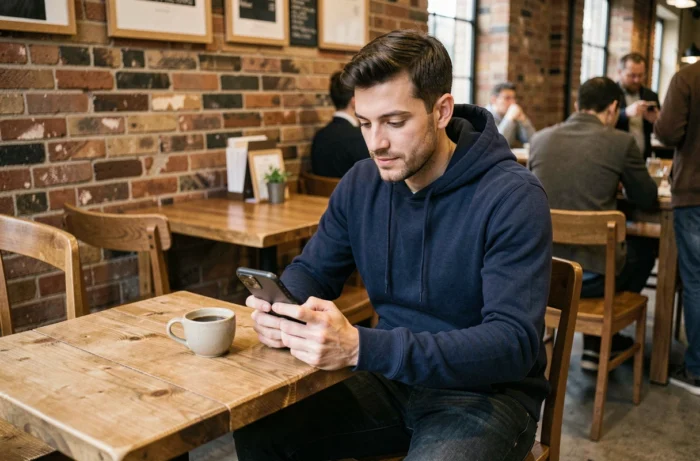 Homme naviguant discrètement sur les réseaux sociaux depuis son téléphone dans un café urbain