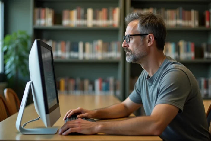 Homme d'âge moyen utilisant un ordinateur reconditionné dans une bibliothèque publique