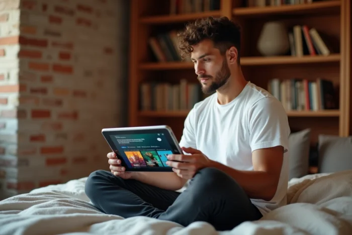 Man using a tablet to explore personalized recommendations on a streaming application
