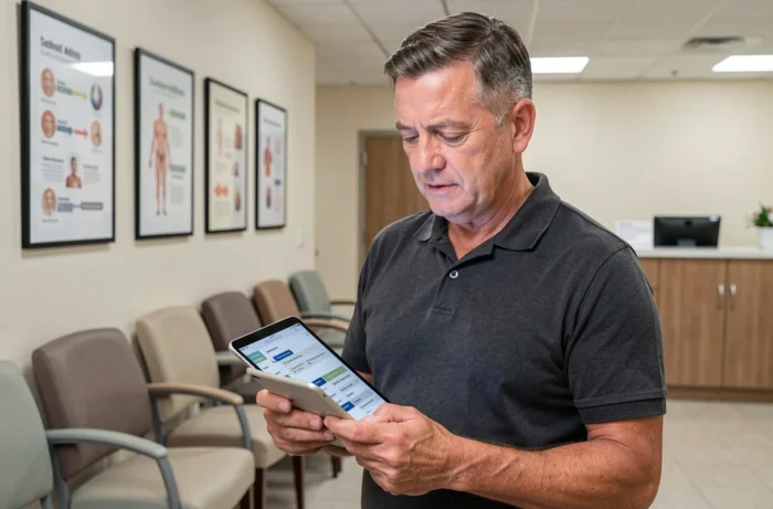 Homme consultant la carte du site de Irist Santé sur une tablette dans une salle d'attente médicale