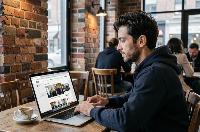 Homme consultant les dernières tendances du web sur un ordinateur portable dans un café urbain
