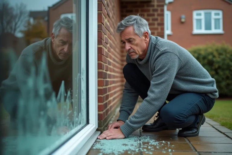 Homme examinant une vitre cassée sur la façade d'une maison après un incident, avec des éclats de verre visibles au sol