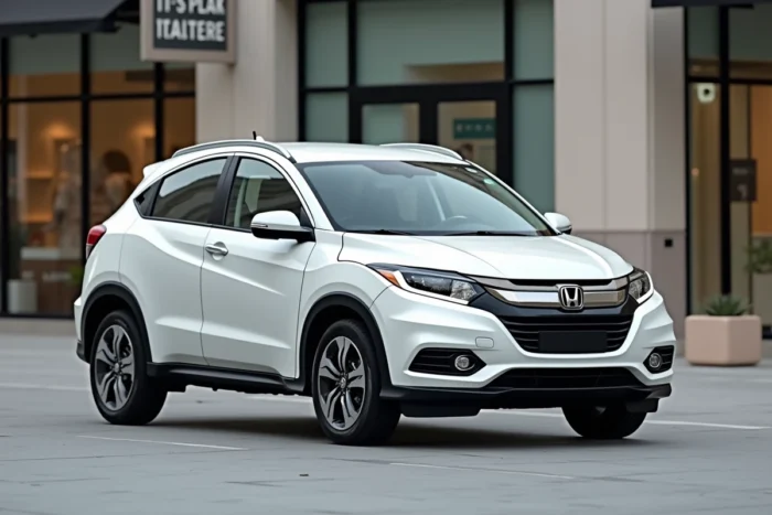 Honda HR-V blanc platine dans un quartier commerçant moderne aux vitrines épurées
