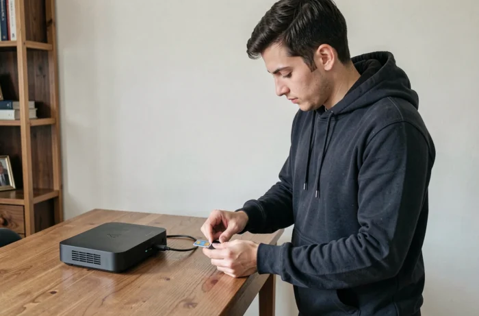 Jeune homme configurant un hotspot 4G LTE connecté à une box IPTV Android sur un bureau de chambre sans WiFi