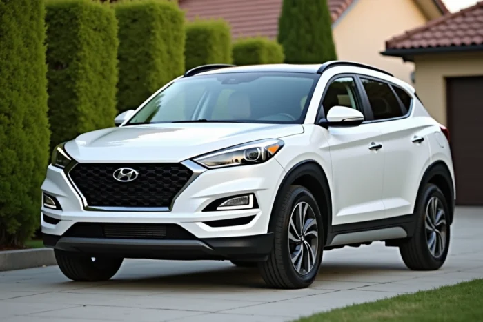 Hyundai Tucson blanc nacré garé dans une allée résidentielle avec jardin en arrière-plan