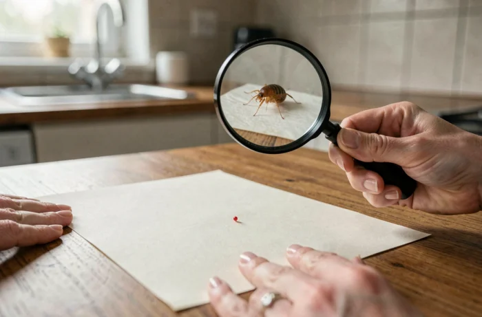 Femme inspectant un petit insecte rouge de 1 mm sur une feuille blanche avec une loupe dans une cuisine