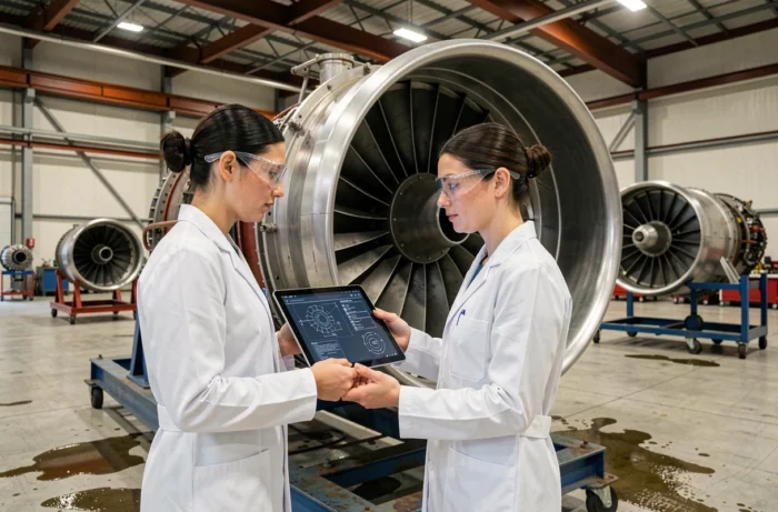Ingénieure aérospatiale inspectant un moteur à réaction turbofan dans un hangar industriel avec tablette numérique affichant des données techniques