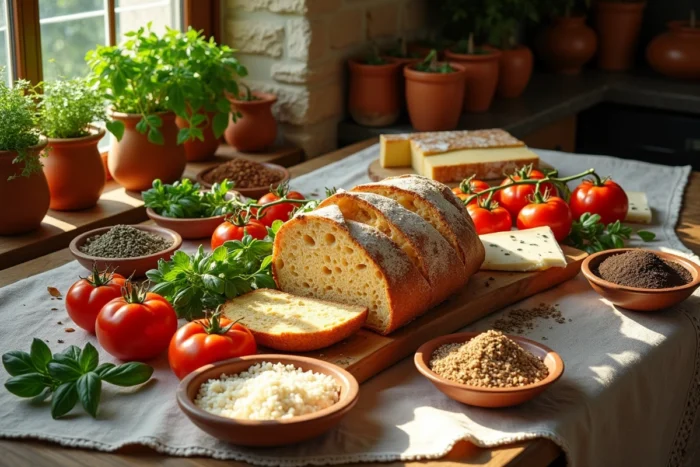 Composition flatlay d'ingrédients gourmands et artisanaux sur une table en bois rustique de cuisine campagnarde